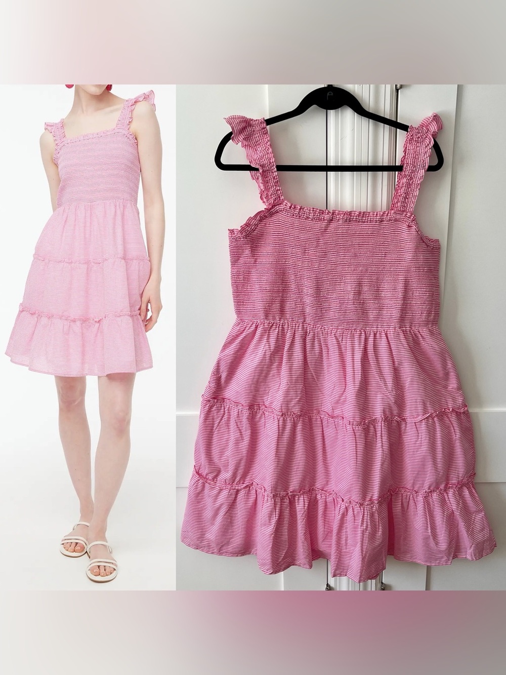 J. Crew Factory Striped Smocked Tiered Mini Dress Pink Sz XL
